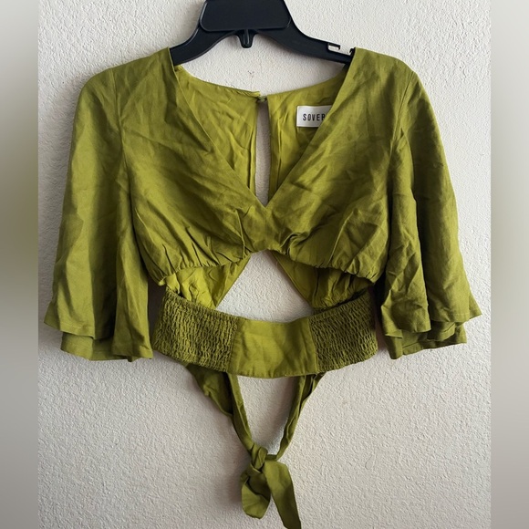 Sovere Women’s Green Bell Sleeve Wrap Linen Blend Top S - Picture 2 of 14